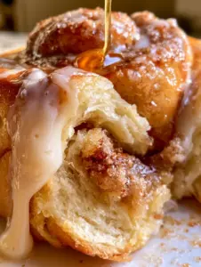 Close up handheld photo of a warm, fluffy honey bun being pulled apart to reveal soft, airy dough layers and a sticky cinnamon center. (honey buns)