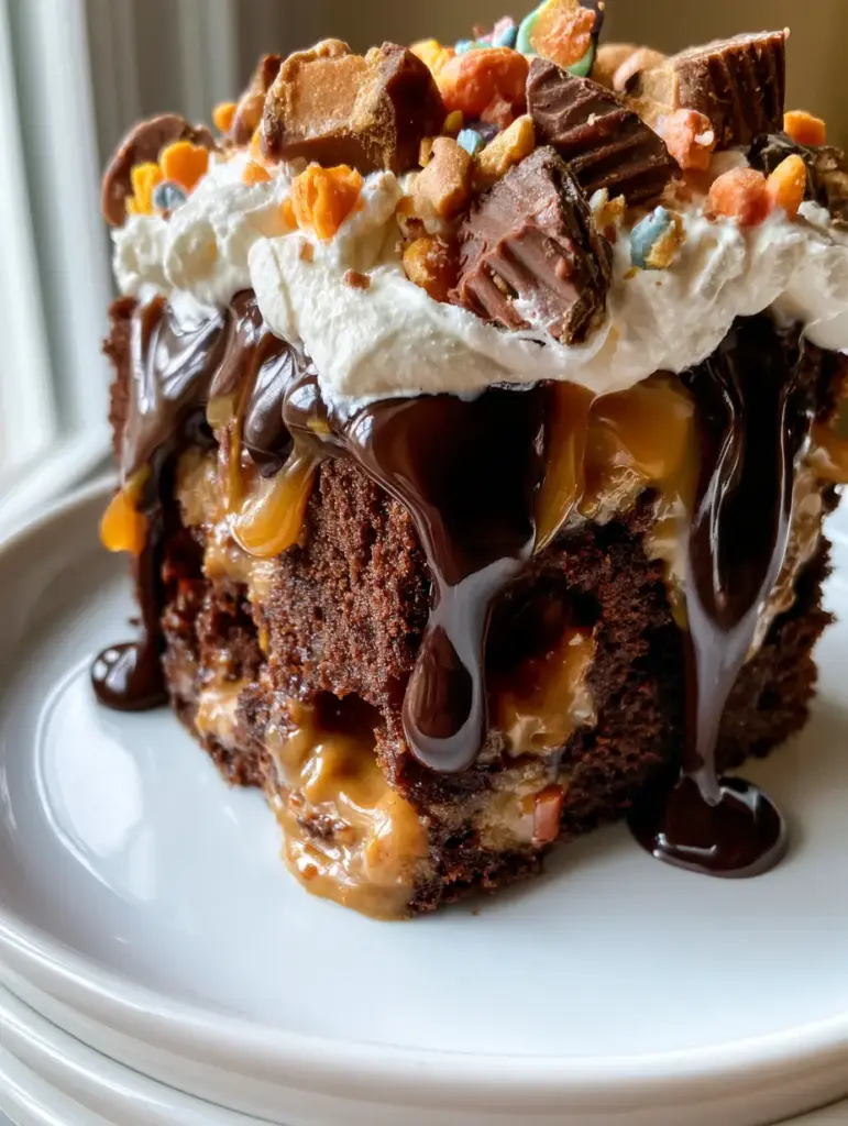 Peanut Butter Poke Cake with Dark Chocolate and Caramel Drizzle 1 A slice of chocolate peanut butter poke cake on a white plate showing the oozing peanut butter filling.