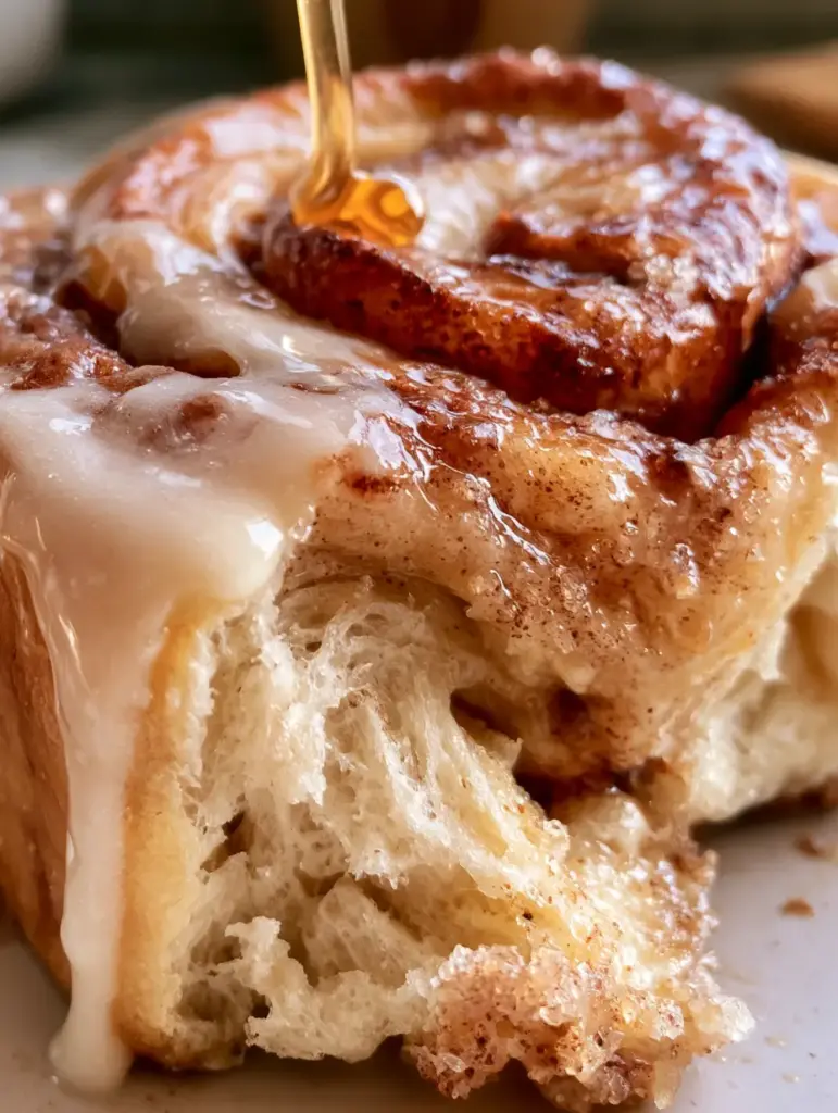 Detailed view of the thick white glaze and amber honey drizzle on a golden-brown honey bun.