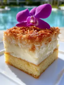 Close-up 45-degree angle of a brazilian coconut custard cake showing moist yellow sponge and glossy custard layers.