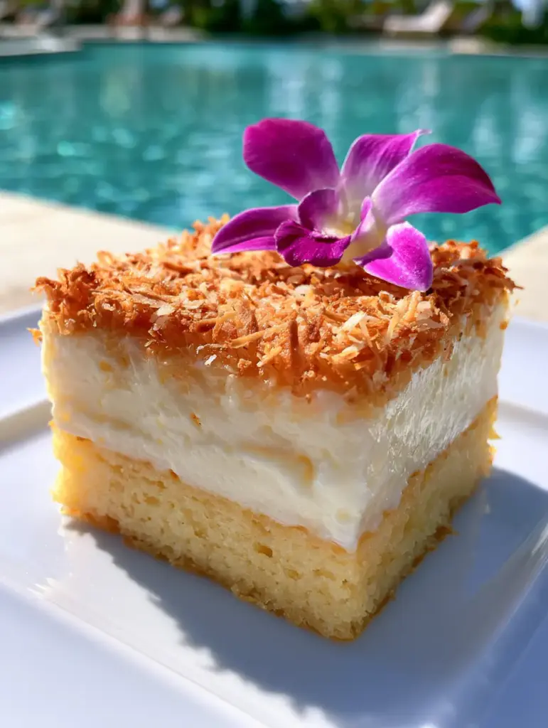 A single slice of brazilian coconut custard cake on a minimalist white plate with a blurry tropical resort background.