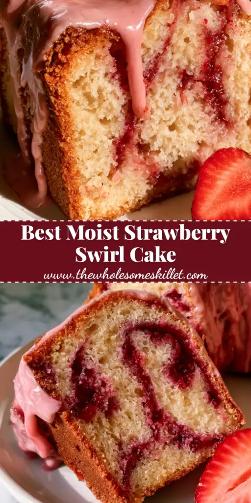 A tall, golden-brown strawberry swirl bundt cake with a thick pink glaze and fresh strawberry halves on top.