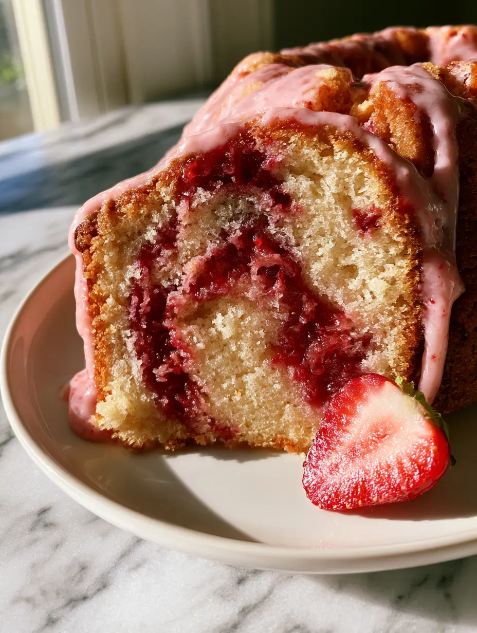 A thick slice of strawberry swirl bundt cake showing the moist crumb and deep red ripples on a white plate.