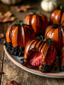 Macro photo of pumpkin strawberries on a rustic table with autumn leaves and a mini white pumpkin.