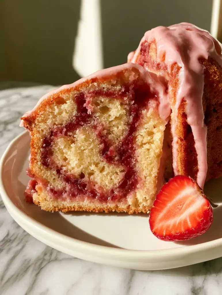 Smartphone photo of strawberry swirl bundt cake with glossy pink glaze dripping down the sides.