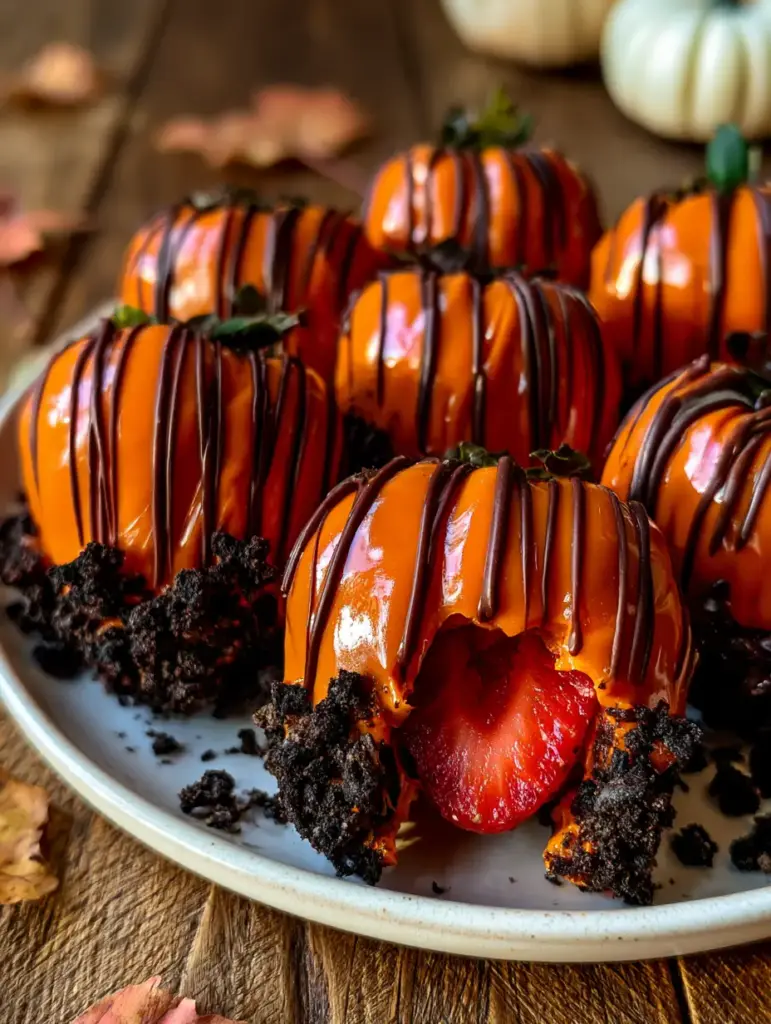 Pumpkin Strawberries: The Ultimate Festive Fall Dessert Topper 1 A bitten pumpkin strawberry showing the fresh red interior and the dark chocolate drizzle detail.