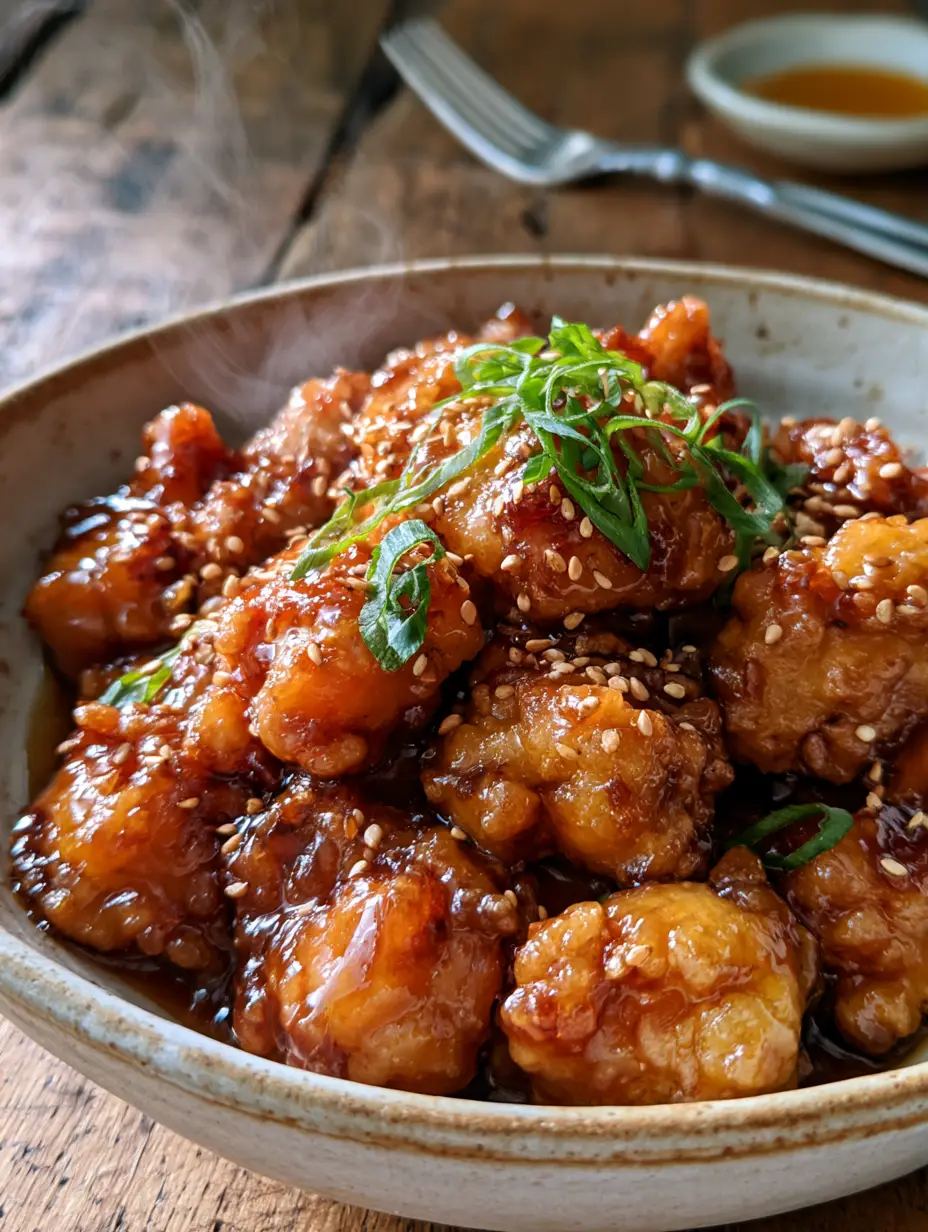 Close up of amber glazed garlic honey butter chicken with steam rising in a ceramic bowl.