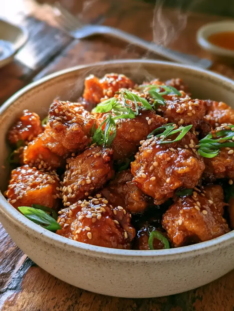 Garlic honey butter chicken topped with green onions and sesame seeds on a rustic wooden table.