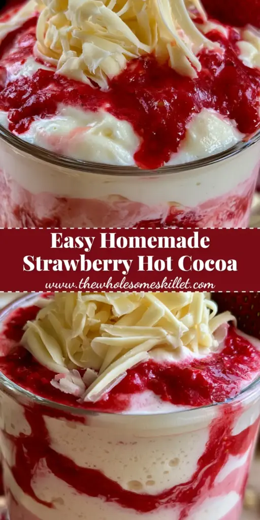 Strawberry Hot Cocoa: A Creamy Homemade Pink White Chocolate Treat 4 A cozy glass mug filled with thick pink strawberry hot cocoa, topped with a mountain of white chocolate curls and a fresh strawberry on the rim.