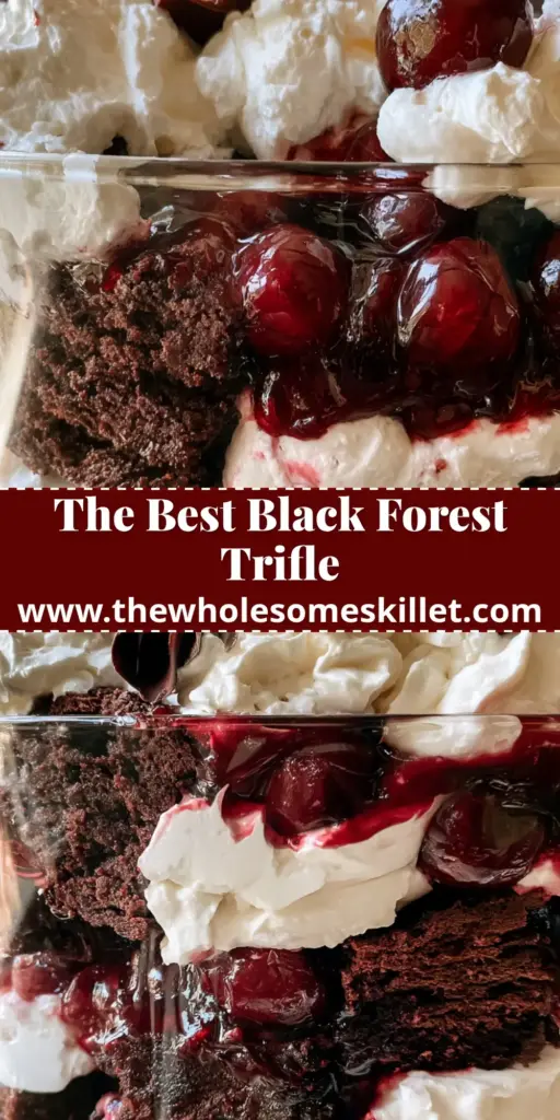 Black Forest Trifle: An Indulgent Dark Chocolate and Cherry Layered Masterpiece 4 A vertical view of a stunning black forest trifle in a glass bowl with deep chocolate cake, bright red cherries, and fluffy whipped cream.