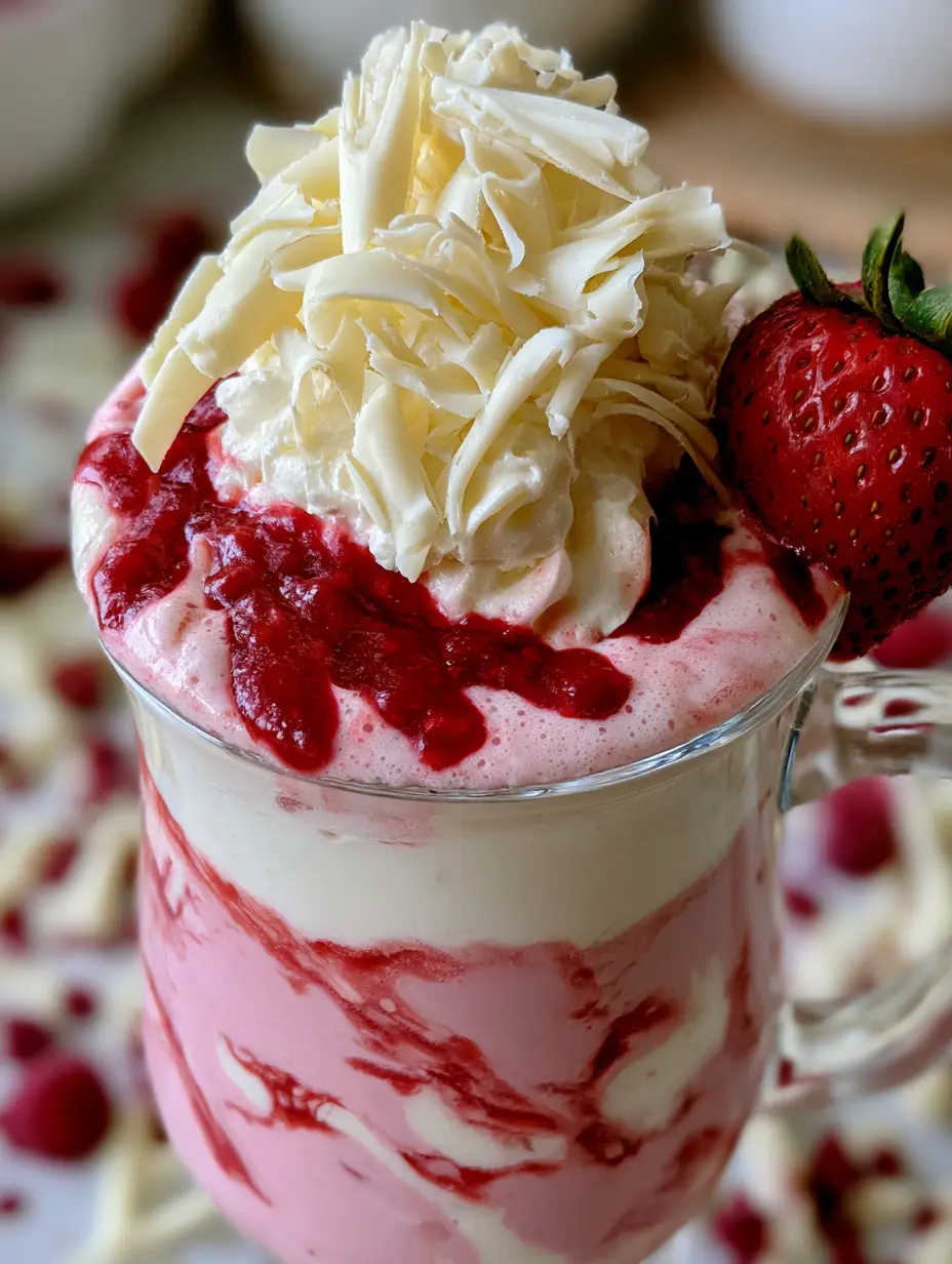 Strawberry Hot Cocoa: A Creamy Homemade Pink White Chocolate Treat 3 Overhead view of a glass mug containing strawberry hot cocoa with a thick layer of frothy milk and vibrant red puree drizzle.