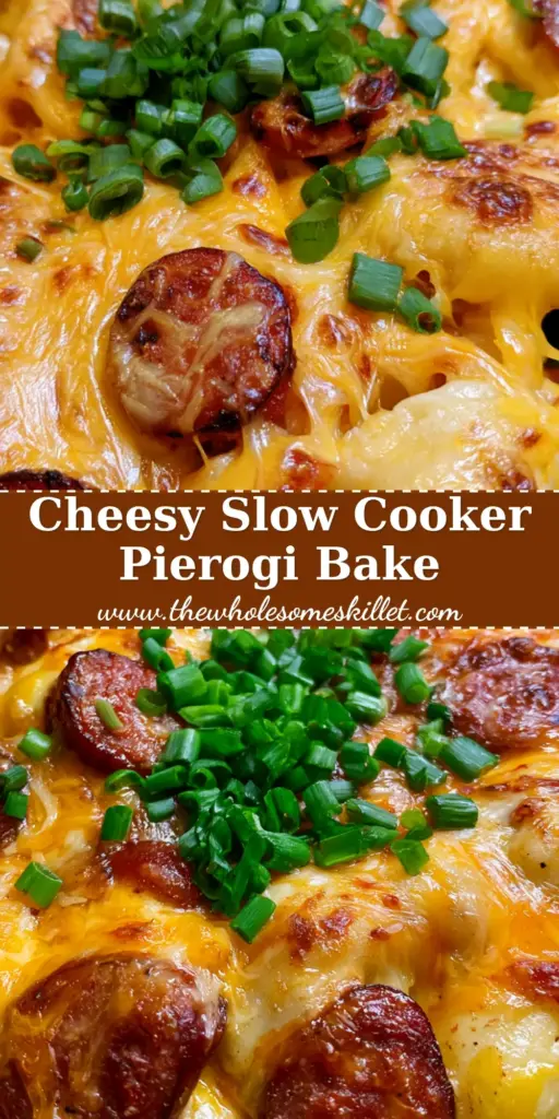 Kielbasa and Pierogi Bake: The Ultimate Cheesy Slow Cooker Comfort Meal 4 A close-up of a bubbling slow cooker featuring a kielbasa and pierogi bake with melted cheddar cheese and green onions.