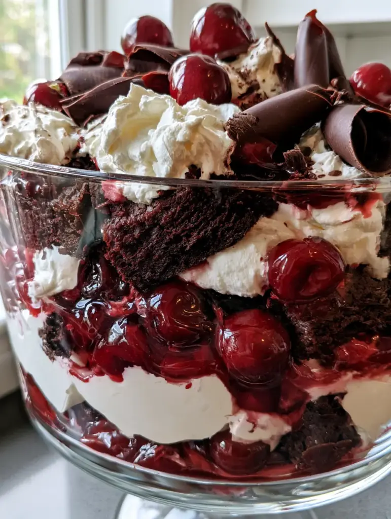 Black Forest Trifle: An Indulgent Dark Chocolate and Cherry Layered Masterpiece 2 Close-up side view of a black forest trifle in a glass bowl showing layers of cake, cherry filling, and whipped cream clouds.