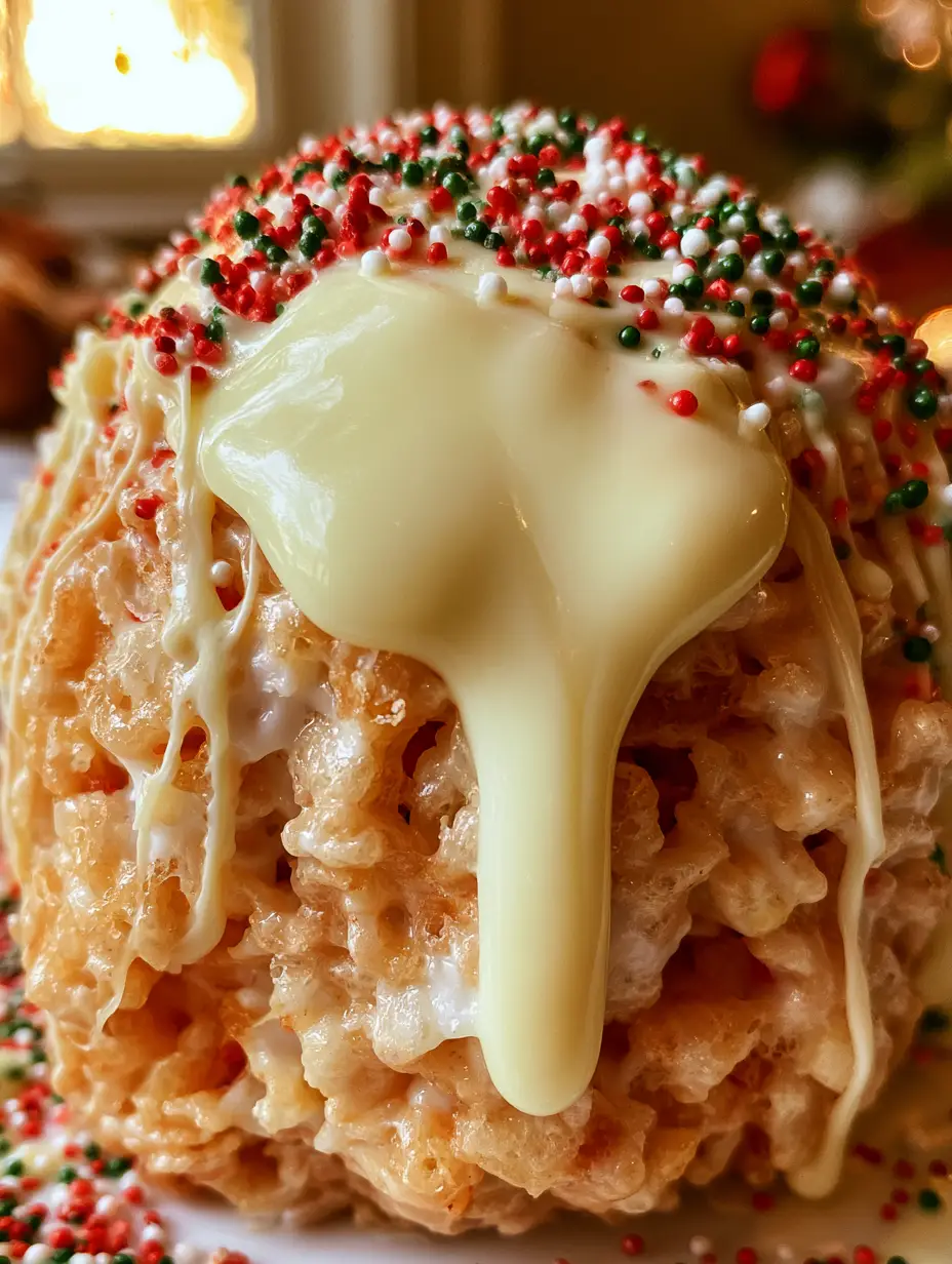 A handheld smartphone photo showing the chunky, gooey texture of a rice krispie truffle with marshmallow strands and nonpareils. (rice krispie truffles)