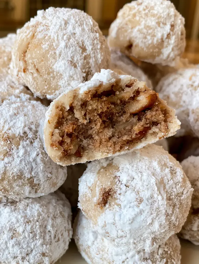 Mexican Wedding Cookies: The Ultimate Buttery Toasted Pecan Recipe 1 Close-up of golden buttery cookie crumb and fine powdered sugar on mexican wedding cookies.
