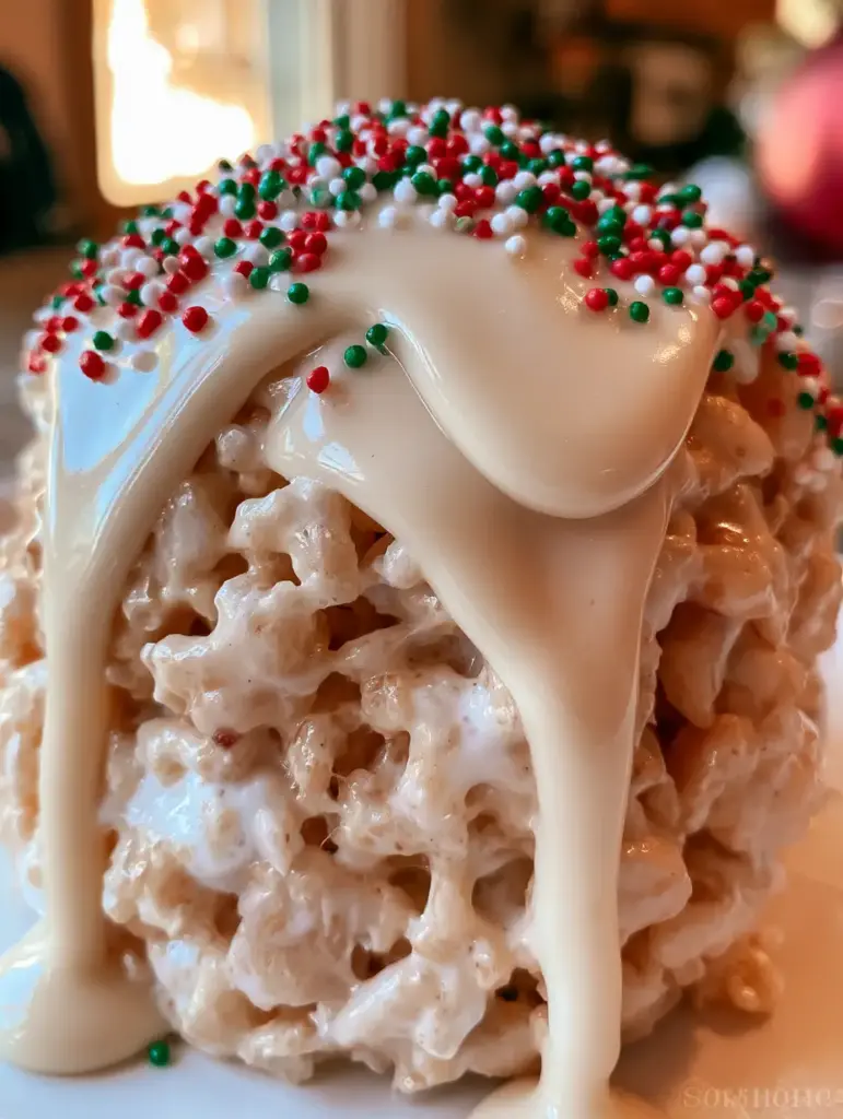 Macro view of red, green, and white sprinkles on a thick puddle of white chocolate over a rice krispie treat ball.