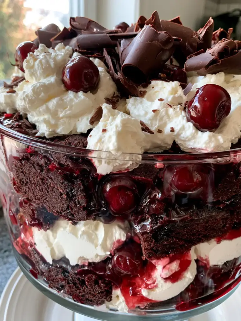 Black Forest Trifle: An Indulgent Dark Chocolate and Cherry Layered Masterpiece 1 Top view of messy whipped cream mounds topped with large dark chocolate curls and glossy cherries on a black forest trifle.
