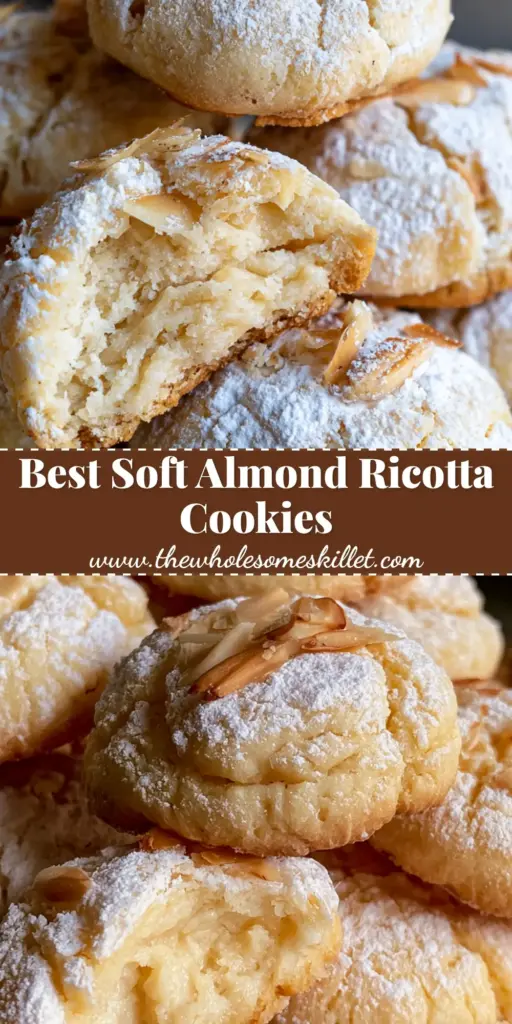 Almond Ricotta Cookies: The Ultimate Soft and Chewy Italian Classic 4 A tall stack of thick, crinkled almond ricotta cookies heavily dusted with powdered sugar and topped with toasted almond slivers on a rustic plate. (almond ricotta cookies)