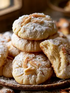 Close-up handheld photo of almond ricotta cookies showing the thick, soft texture and toasted almond toppings. (almond ricotta cookies)