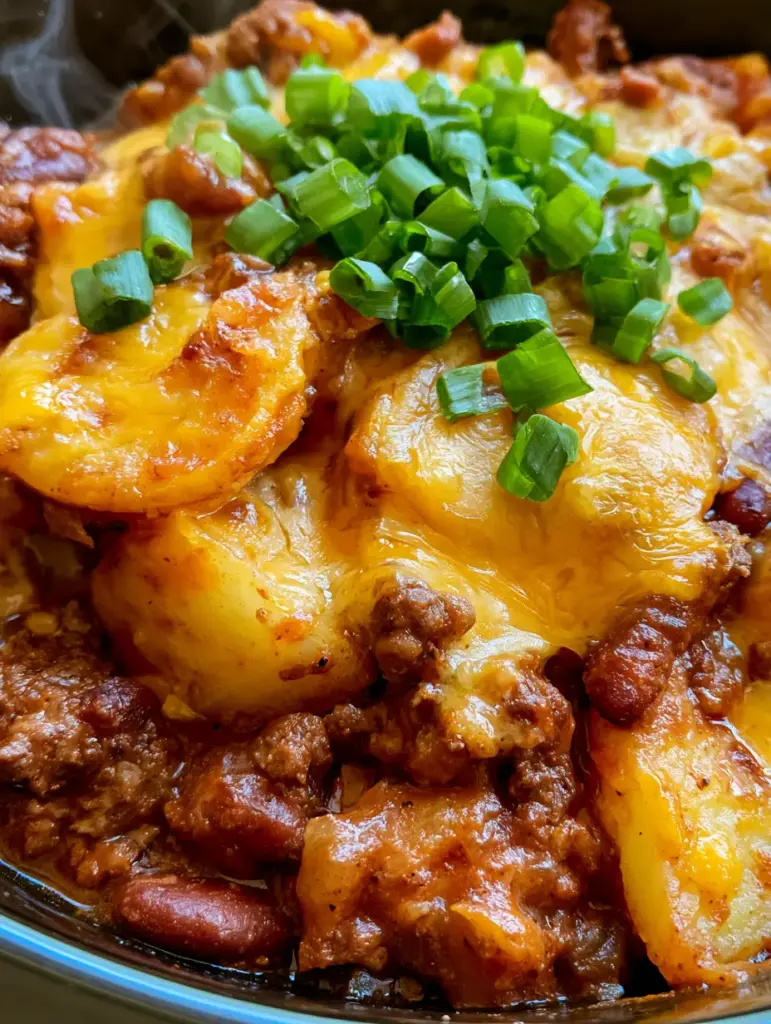 Crockpot Cowboy Casserole: The Ultimate Hearty Slow Cooker Comfort Food 1 Steam rising from a freshly cooked crockpot cowboy casserole topped with bubbly cheese and green onions.
