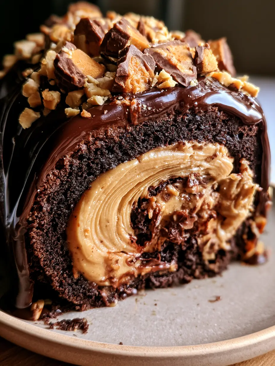 Close up handheld smartphone photo of a chocolate peanut butter roll slice with messy crumbs and shiny ganache.