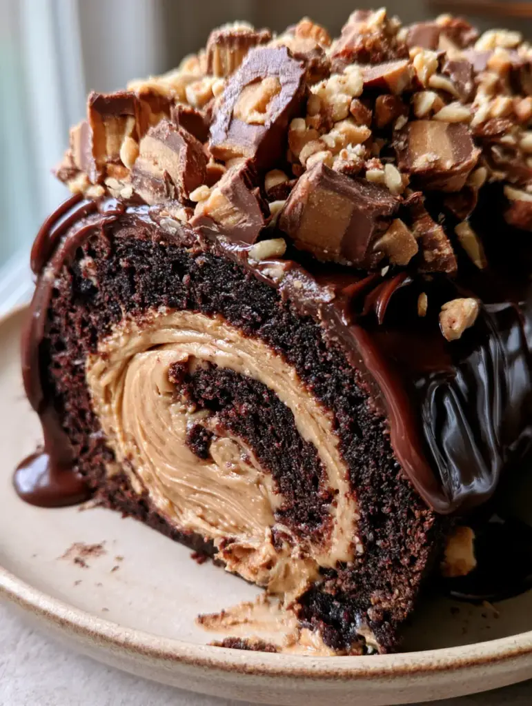 Aerial view of a chocolate peanut butter roll topped with generous chunks of peanut butter cups and crushed peanuts.