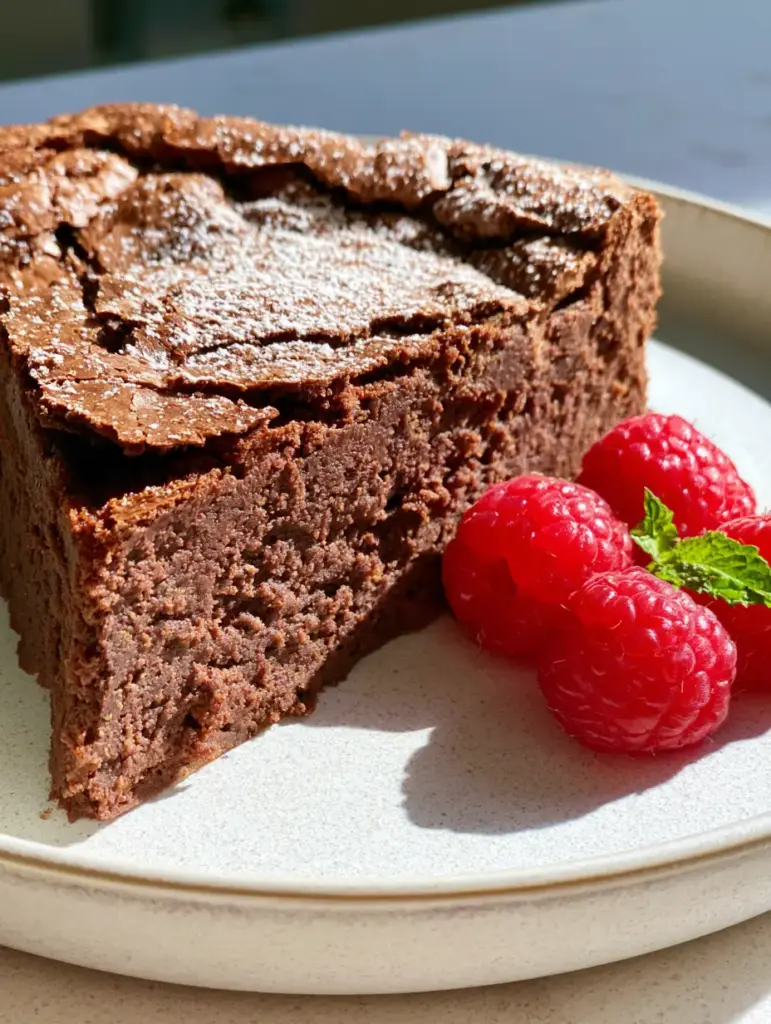 Flourless Chocolate Cake: The Ultimate Decadent and Fudgy Torte 1 Close up of a crackled flourless chocolate cake top with a dusting of powdered sugar.