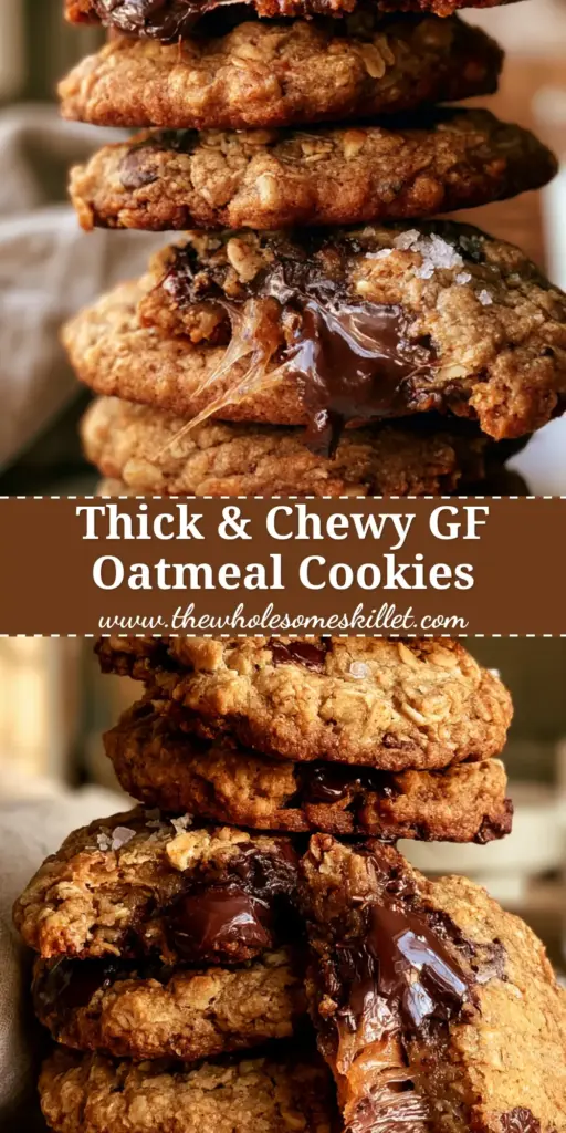 A tall stack of thick, gluten-free oatmeal chocolate chip cookies on a marble counter with visible oats and dark chocolate puddles.