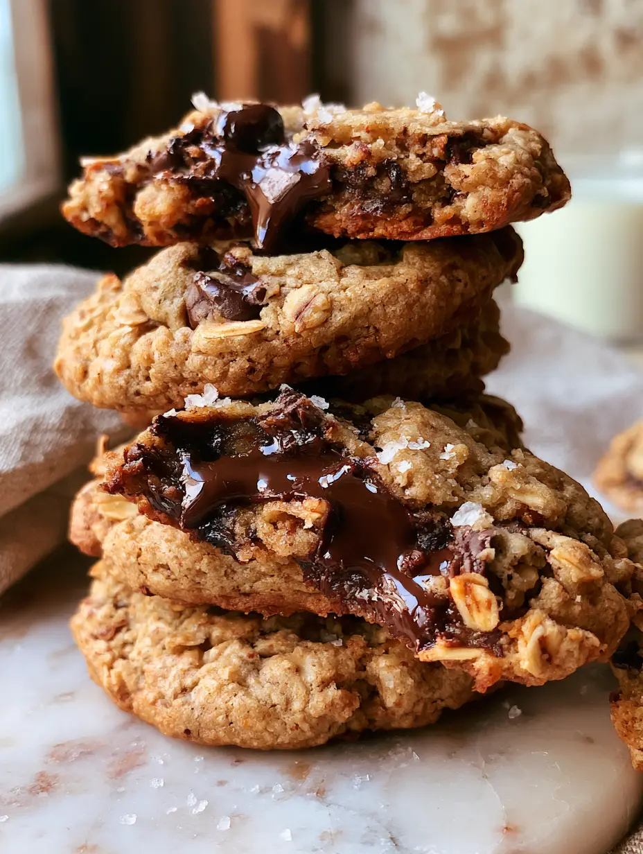 Close up photo of oatmeal chocolate chip cookies showing a gooey center and melted dark chocolate chunks.