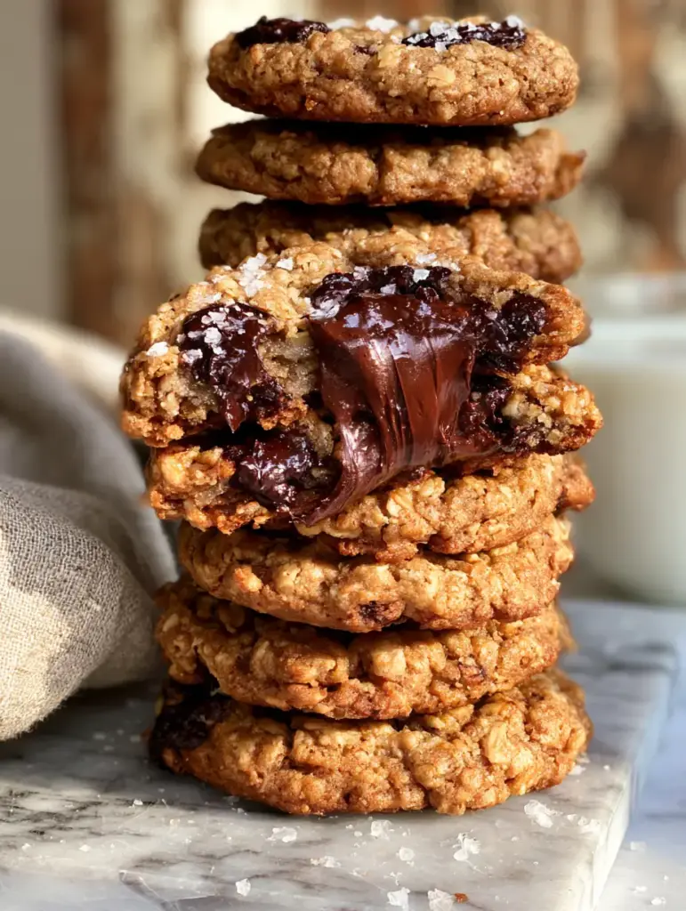 A tall stack of oatmeal chocolate chip cookies next to a glass of milk in a rustic kitchen setting.