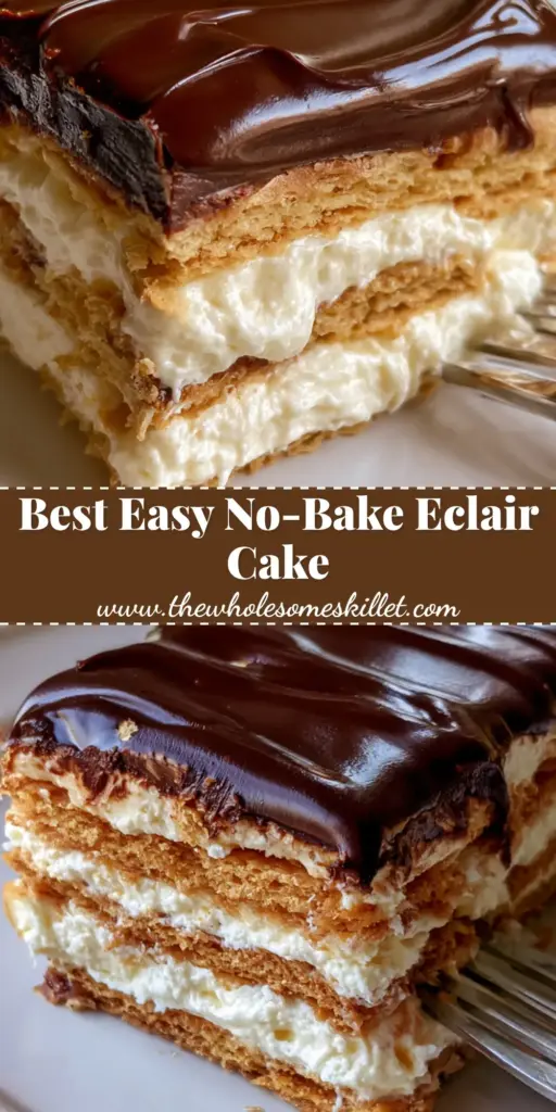 Chocolate Eclair Icebox Cake: The Ultimate No-Bake Dessert 4 Vertical layers of honey graham crackers and vanilla cream in a chocolate eclair icebox cake.