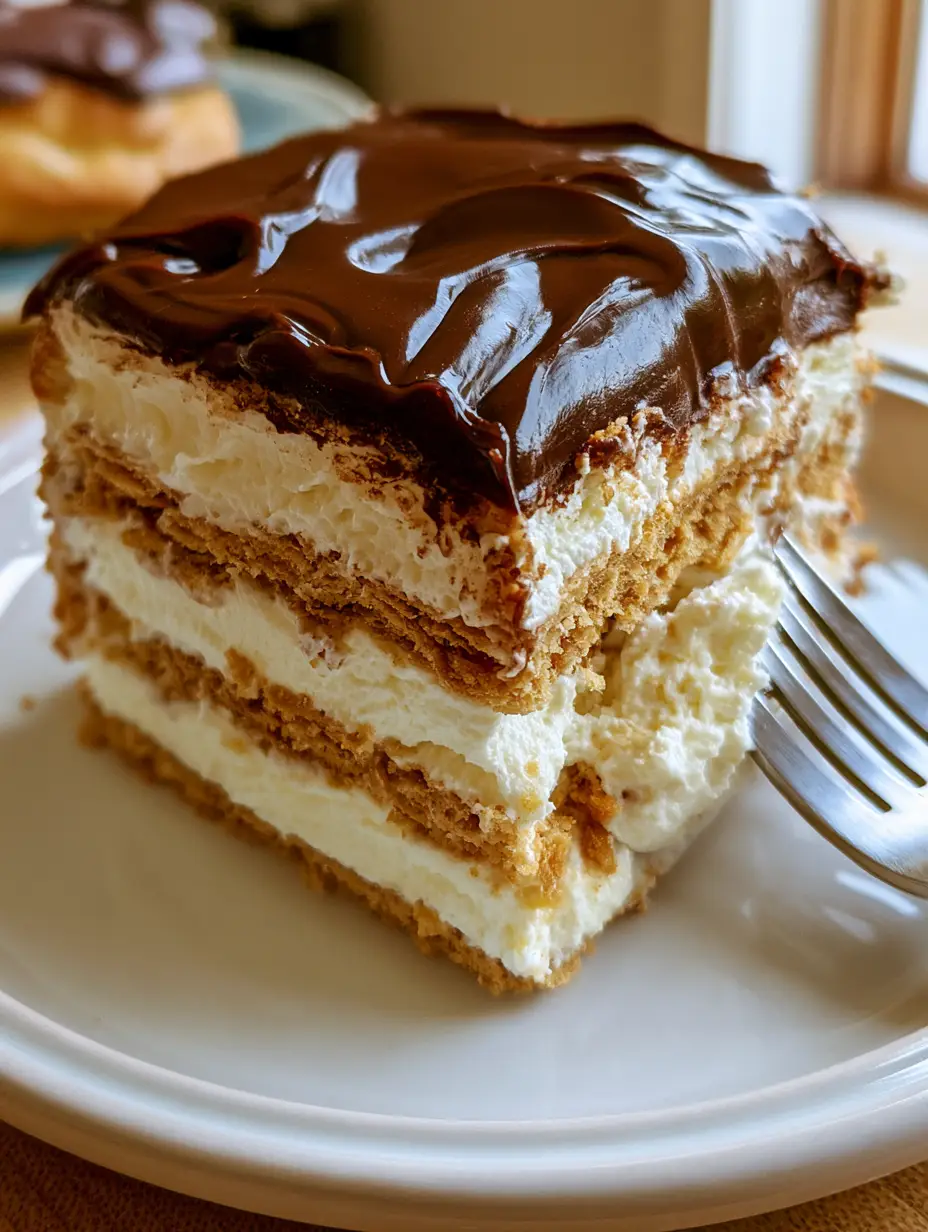 Chocolate Eclair Icebox Cake: The Ultimate No-Bake Dessert 3 A close-up shot of a single slice of chocolate eclair icebox cake on a white plate with a silver fork.