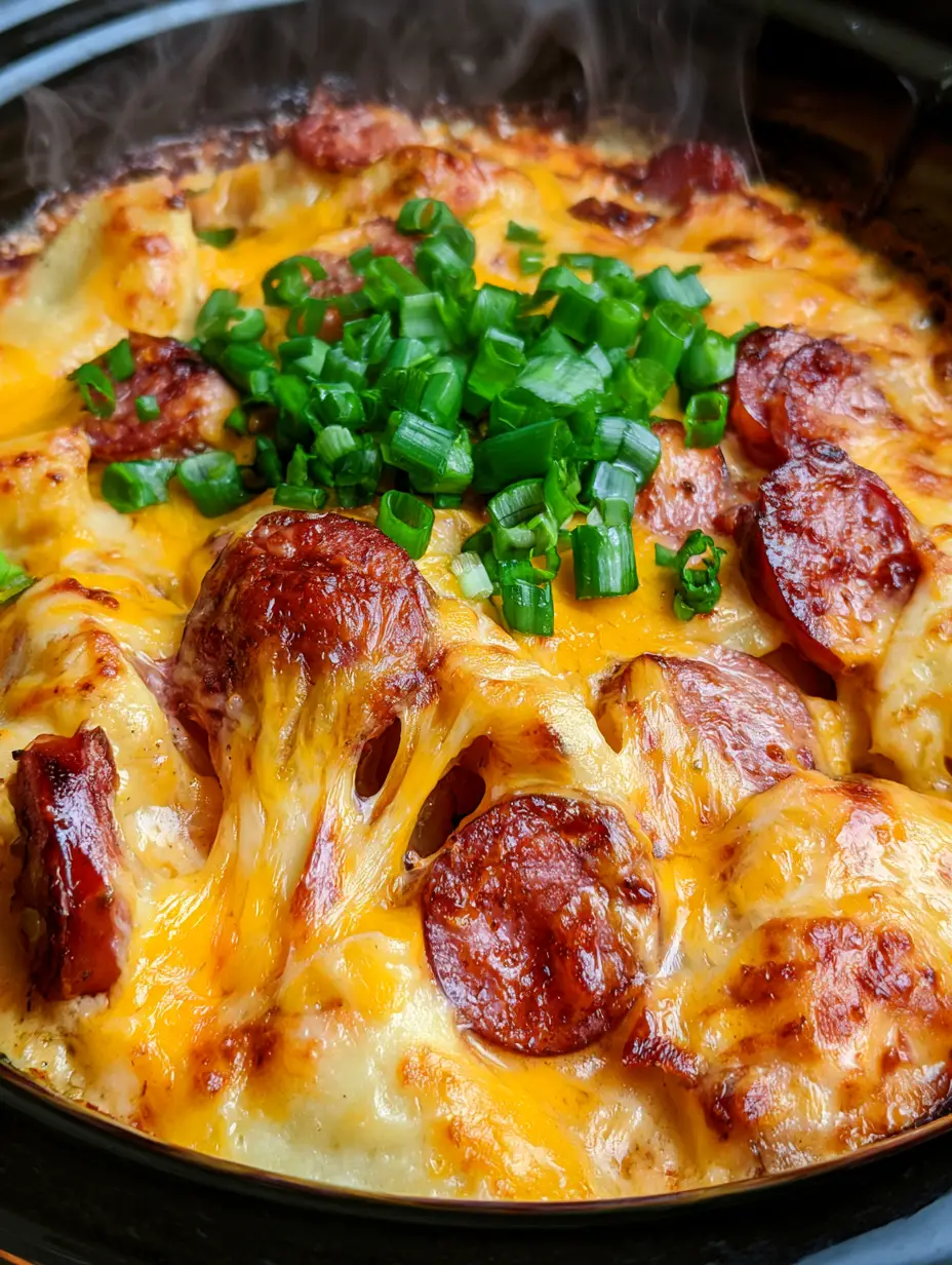 Kielbasa and Pierogi Bake: The Ultimate Cheesy Slow Cooker Comfort Meal 3 A handheld smartphone photo showing the bubbling texture of melted cheese in a kielbasa and pierogi bake.
