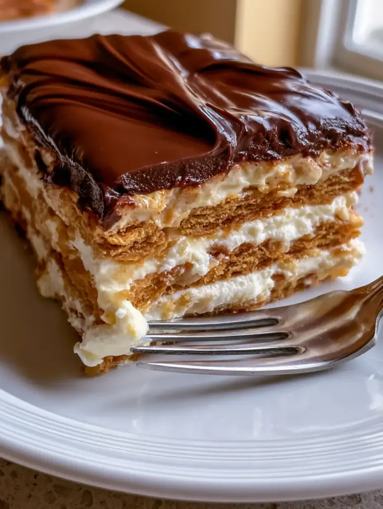 Chocolate Eclair Icebox Cake: The Ultimate No-Bake Dessert 1 Soft ripples in the dark chocolate ganache topping of a chocolate eclair icebox cake.