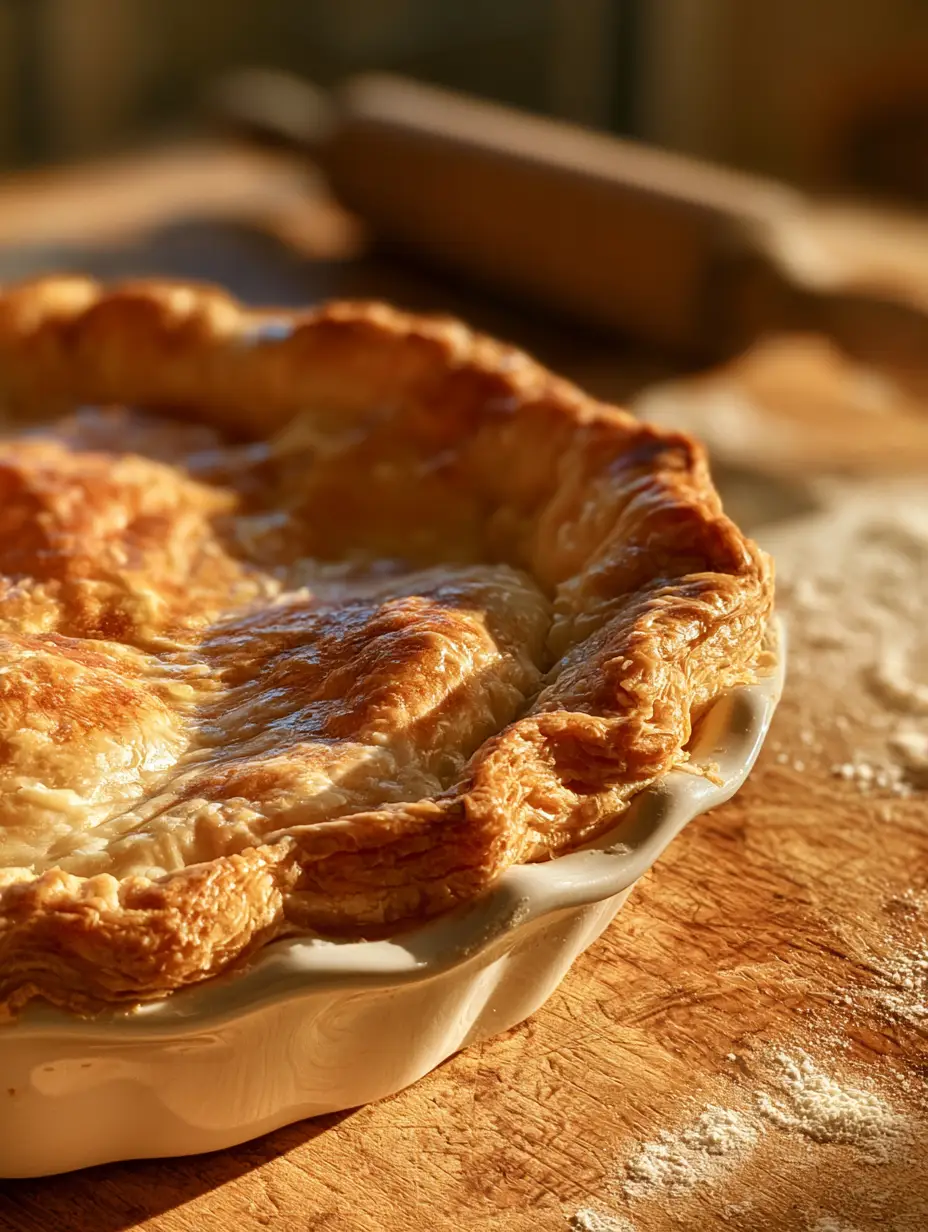 All-Butter Pie Crust: The Ultimate Guide to Shatteringly Flaky Pastry 3 Extreme close up of shatteringly flaky edges on an all-butter pie crust in a ruffled white ceramic dish.