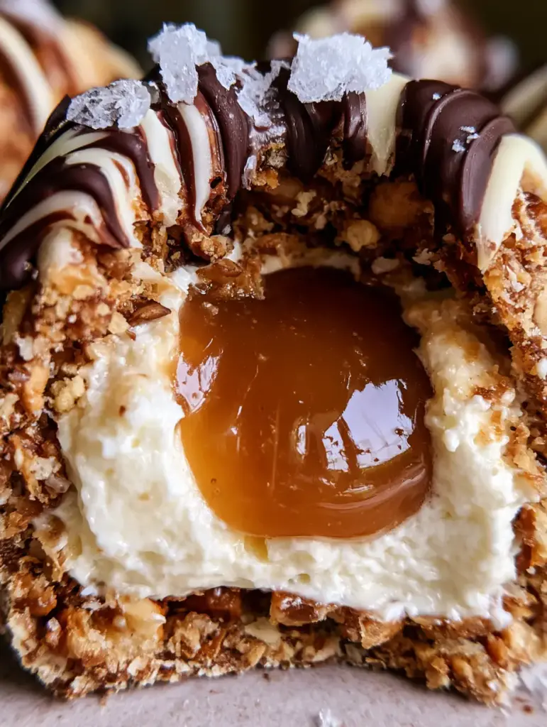 Caramel Pretzel Cheesecake Truffles with a Molten Salted Center 1 Macro shot of a salted caramel cheesecake bite with crushed pretzel crust and chocolate drizzle.