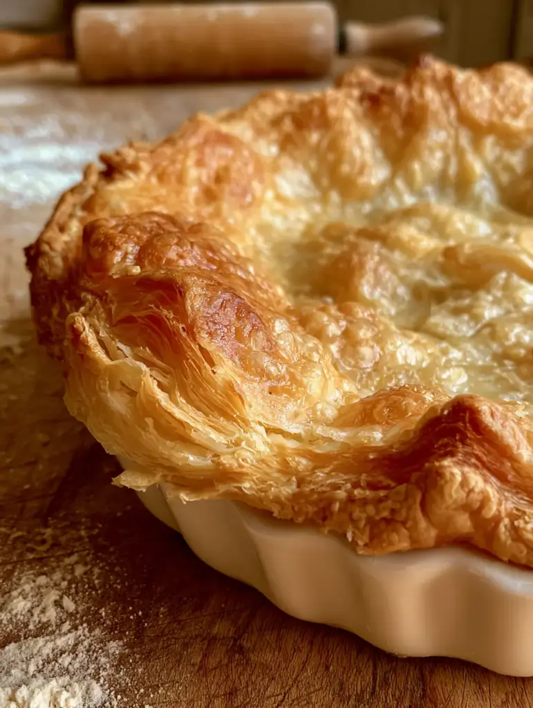 All-Butter Pie Crust: The Ultimate Guide to Shatteringly Flaky Pastry 1 Handheld photo of a baked all-butter pie crust on a rustic wooden island with a vintage rolling pin.