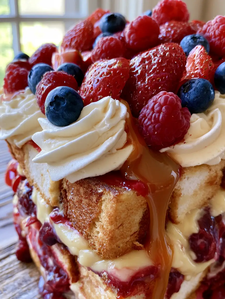 Close-up side view of a mixed berry trifle showing distinct layers of toasted cake and vanilla bean custard.