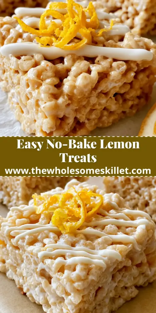 A stack of lemon rice krispie treats topped with lemon zest curls and white icing drizzle on brown parchment paper.