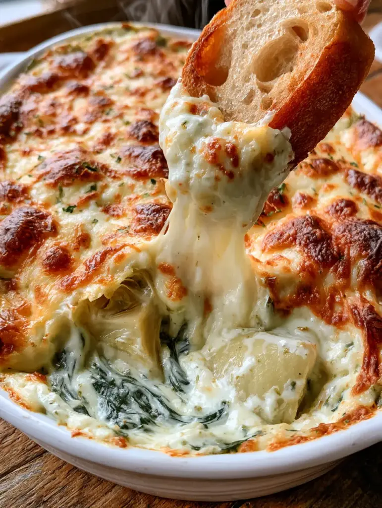 Spinach Artichoke Dip with a Bubbly Golden Mozzarella Crust 1 Toasted sourdough dipping into creamy spinach artichoke dip with visible artichoke chunks.