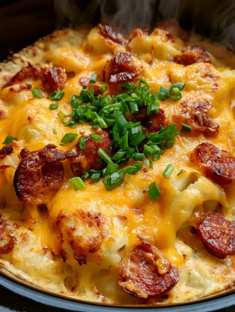 Kielbasa and Pierogi Bake: The Ultimate Cheesy Slow Cooker Comfort Meal 1 Close up shot of steam rising from a cheesy kielbasa and pierogi bake with fresh scallions.
