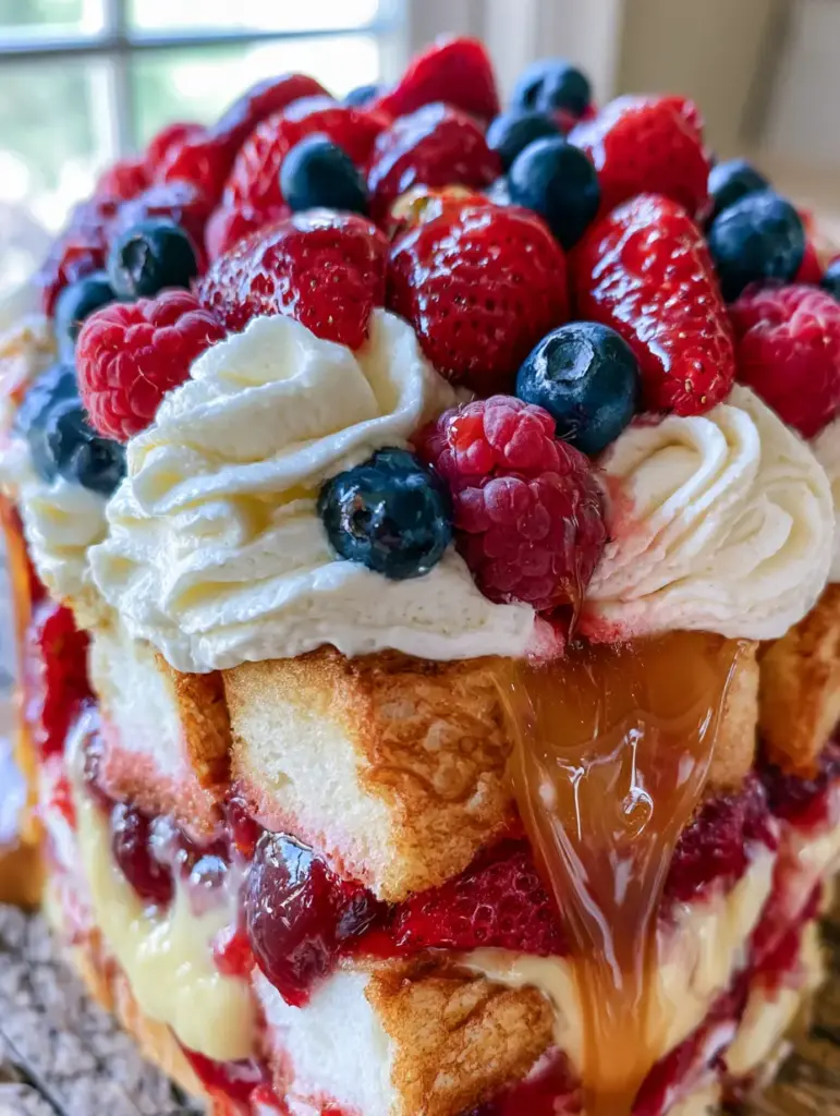 High-angle view of a mixed berry trifle top with whipped cream swirls and glistening fresh berries.