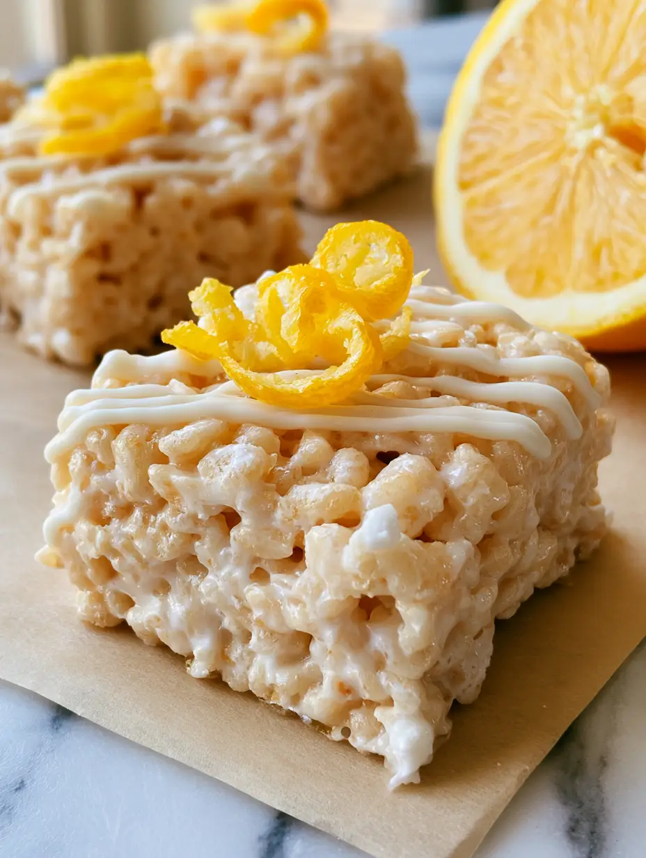 Macro handheld photo of gooey lemon rice krispie treats showing the marshmallow pull and lemon zest. (lemon rice krispie treats)