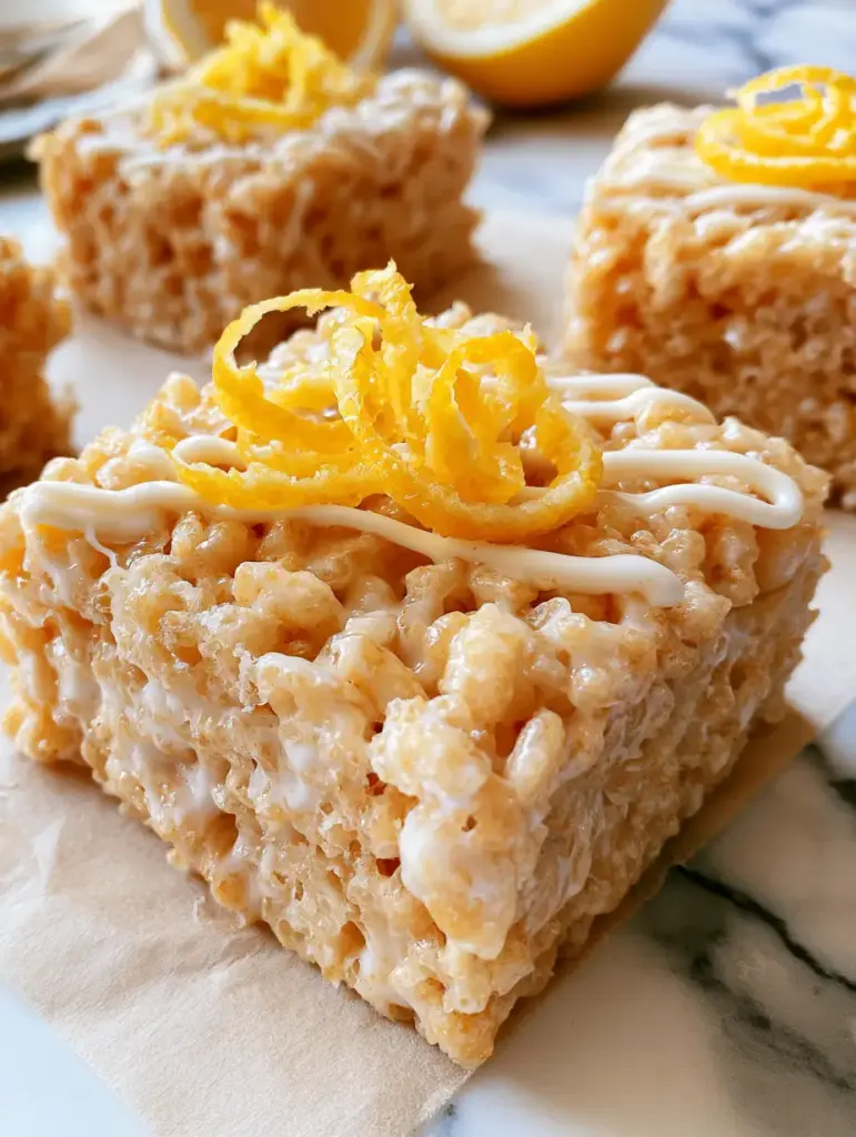 Lemon rice krispie treats on parchment paper over a marble countertop with natural window lighting.