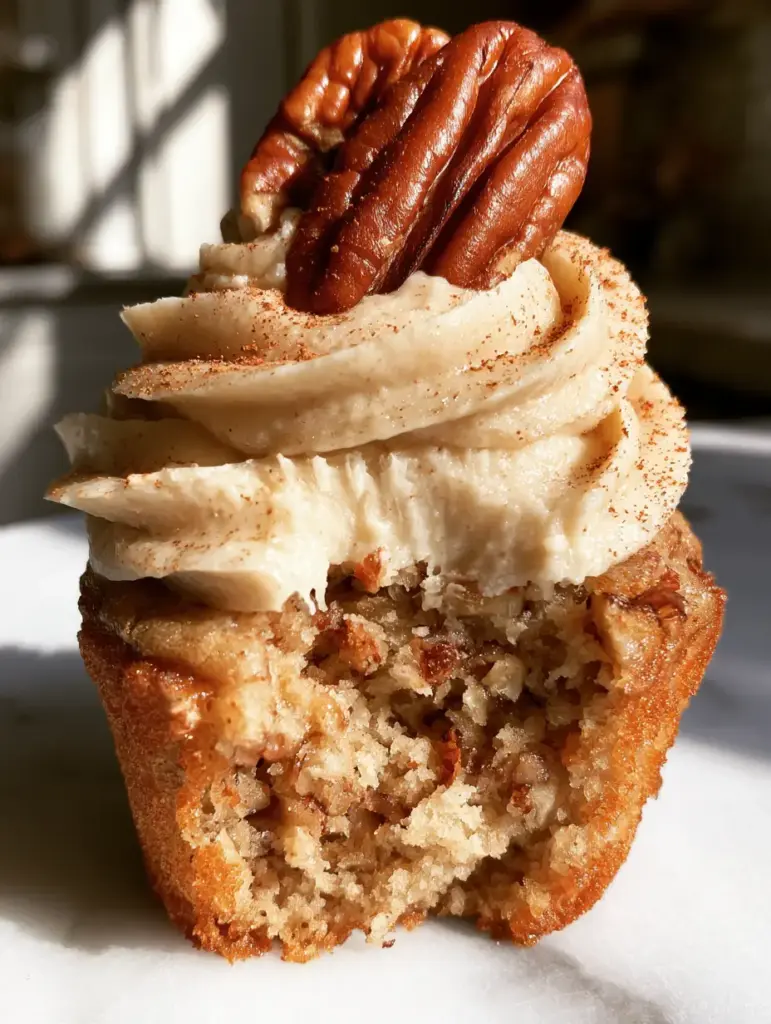 Banana Cupcakes with Cinnamon Cream Cheese Frosting and Toasted Pecans 2 Handheld photo of a single banana cupcake with beige cinnamon frosting and a whole toasted pecan on top, rustic kitchen setting. (banana cupcakes)