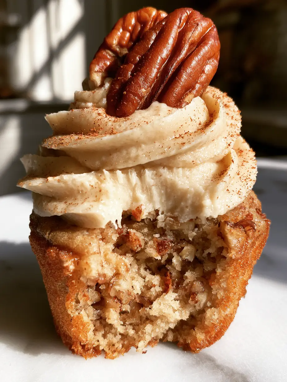 Banana Cupcakes with Cinnamon Cream Cheese Frosting and Toasted Pecans 3 Handheld photo of a single banana cupcake with beige cinnamon frosting and a whole toasted pecan on top, rustic kitchen setting. (banana cupcakes)