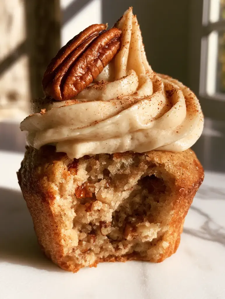 Banana Cupcakes with Cinnamon Cream Cheese Frosting and Toasted Pecans 1 Close up of a moist banana cupcake crumb with visible crushed pecans inside, topped with thick beige frosting.