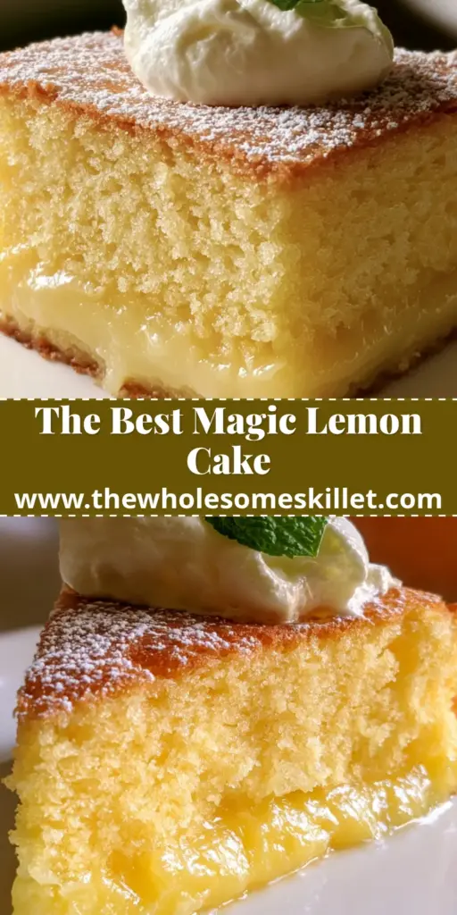 Lemon Custard Cake: The Ultimate Magic Layer Dessert Recipe 4 A thick slice of lemon custard cake on a white plate showing two distinct layers with a mint sprig and whipped cream on top.