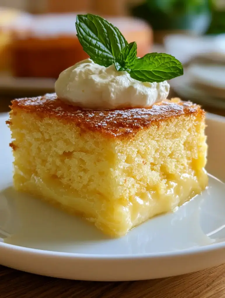 Lemon Custard Cake: The Ultimate Magic Layer Dessert Recipe 2 Top view of a golden airy sponge layer of a lemon custard cake with powdered sugar.