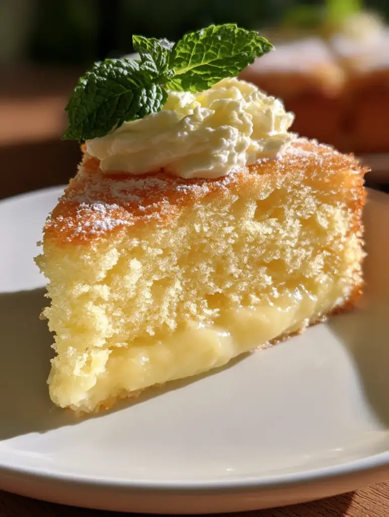 Lemon Custard Cake: The Ultimate Magic Layer Dessert Recipe 1 Close up of the silky lemon custard layer on the bottom of a magic cake slice.